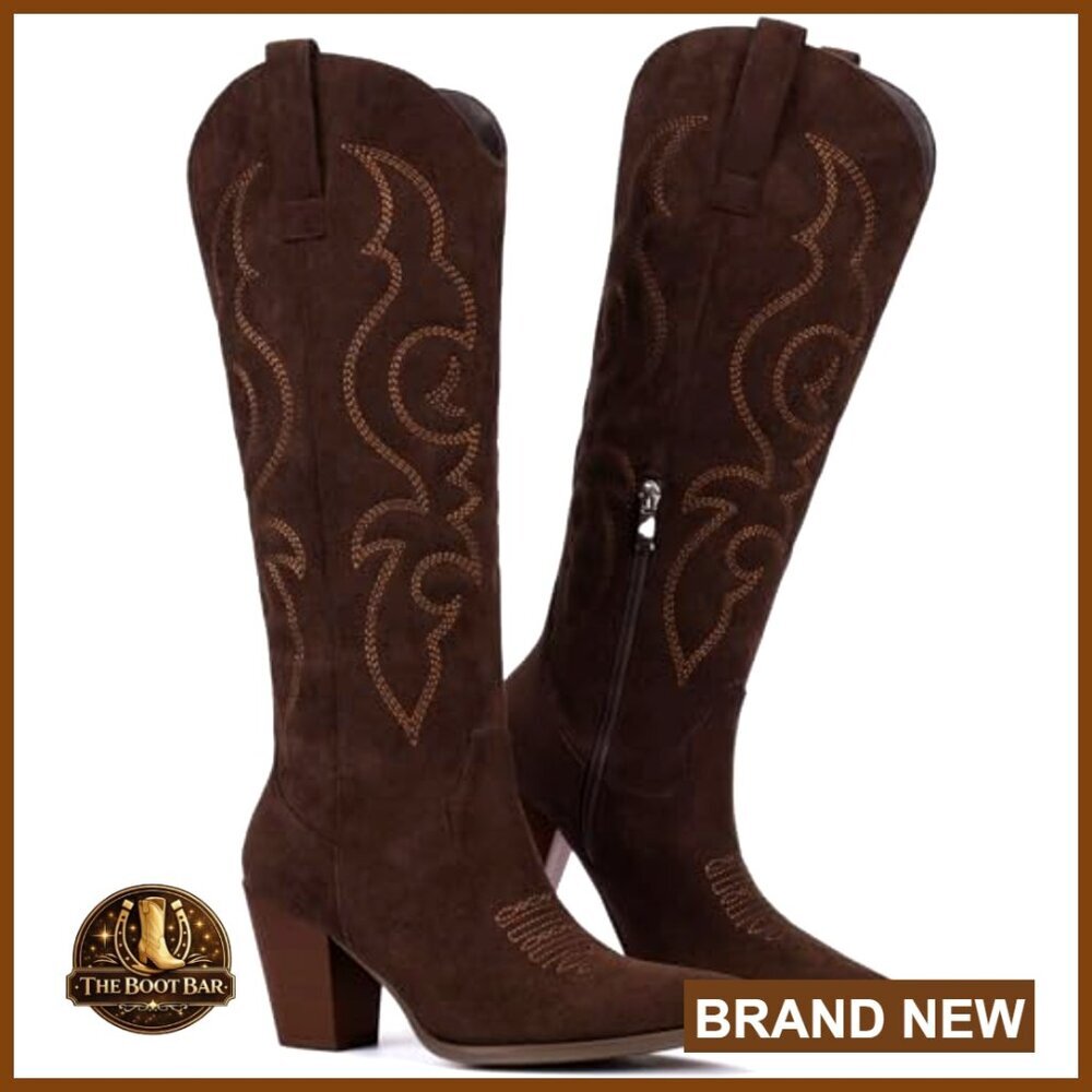 Suede Cowboy Boots Knee High with Side Zipper Block Heel - Picture 5 of 7